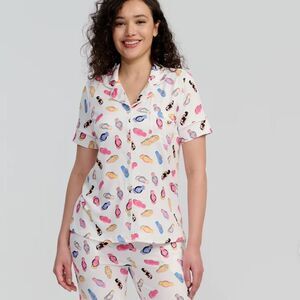 89th+MADISON L White Colorful Flip Flops Notch Collar Short Sleeve Pants PJ Set